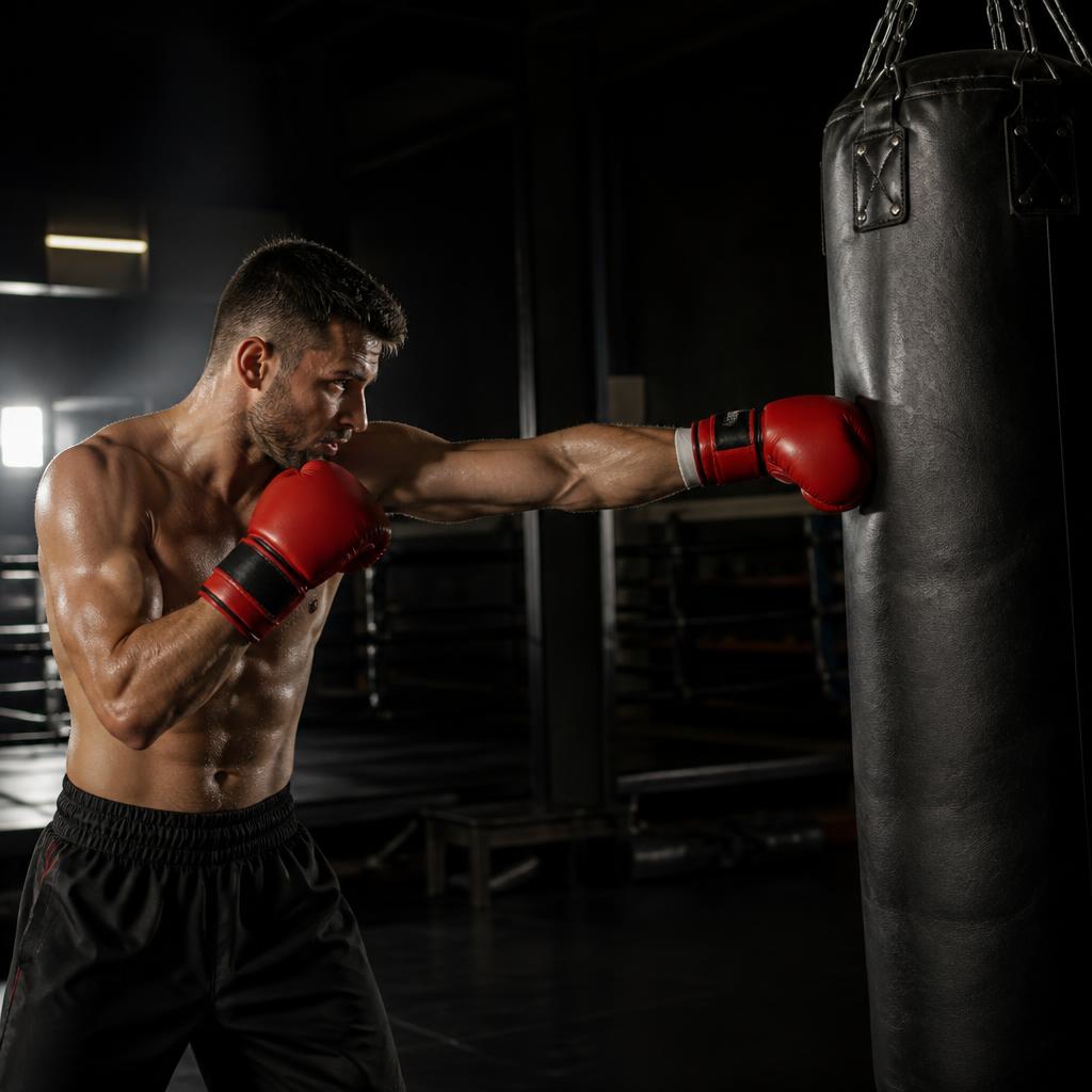 Aluno treinando boxe com luvas em saco de pancada